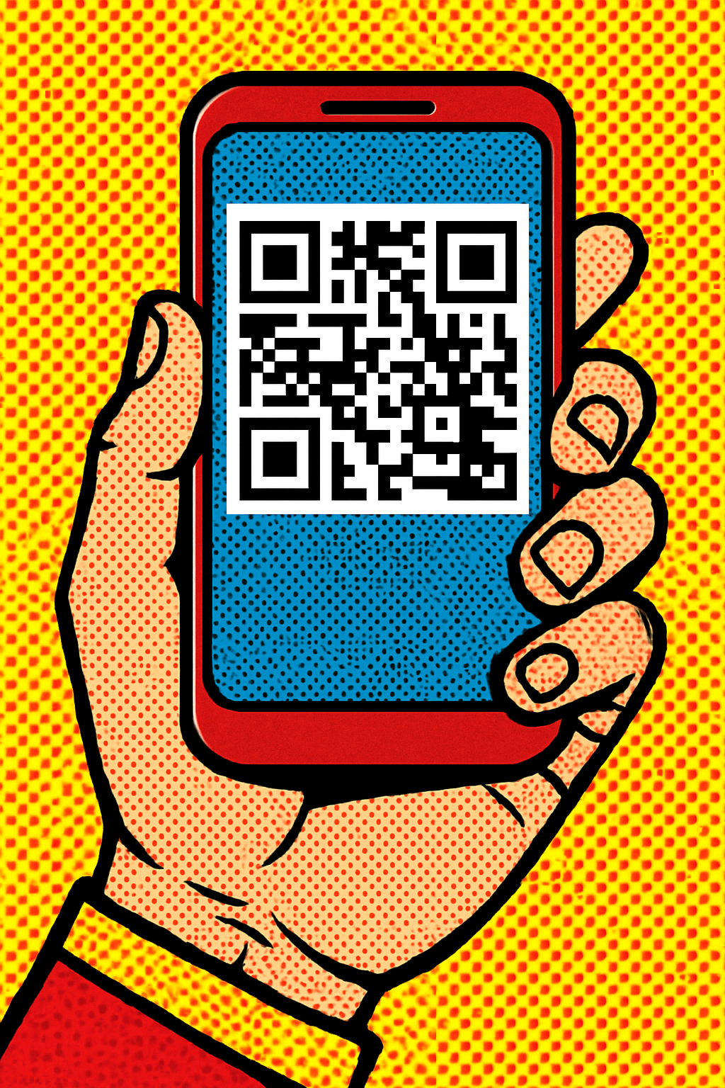Hand holding a phone with a QR code in pop art style